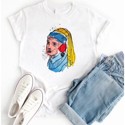 Aesthetic Girl Art Printed Korean Style Female Tops & Tees Tumblr Spoof Kawaii Plus Size White Cotton Tshirts Women Clothes 2019