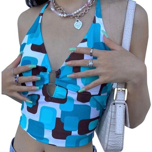 2021 Fashion Tie-Up Halter Blue Camisole Tops Casual Sleeveless Print Women Tank Top Sexy Hollow Out Slim Fit Backless Crop Top