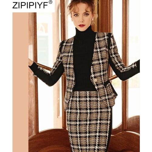 2019 High Quality Autumn Winter 2 Piece Woolen Tweed Jacket Coat &Elegant Split Knee-Length Plaid skirt suits