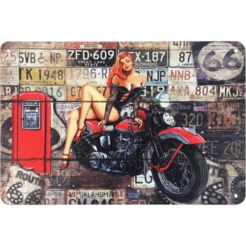 Pink Up Motorcycle Girl Tin Sign Sexy Girl Near Gas Station Sit on Motor with License Plate Wall Vintage Metal Tin Signs Retro