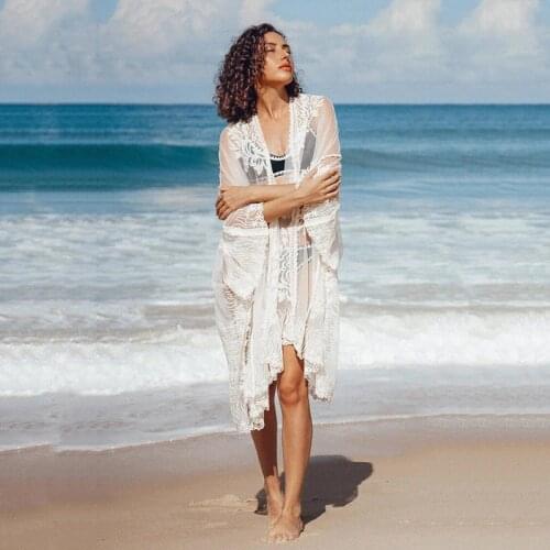 2021 Long Sea Beach Wrap Dress Elegant Bathing Suit Cover Up White Lace Tunic Beach Sarong Plage Robe Kaftan Women Tunika A482