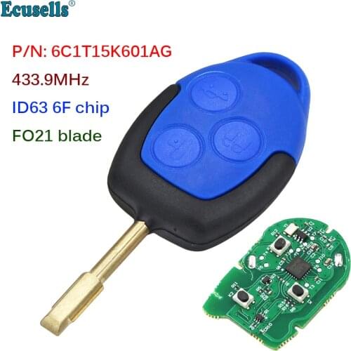 3 Buttons Remote Car Key 433MHz 4D63 Chip FOB for Ford Transit WM VM 2006-2014 P/N: 6C1T15K601AG-Black Head FO21 Blade