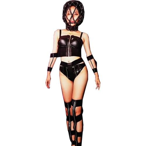Fashion Artificial Leather Night Clubwear Women Bra Shorts Headwear 7 Pieces Sets Singer Performance Stage Jazz Dance Costume