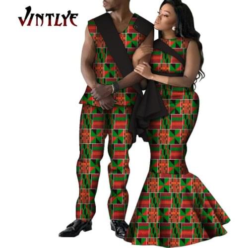 African Evening Clothes for Lover Floral Printed Mens Dashiki Suits and Women Mermaid Dresses Bazin Riche Couple Party Costume