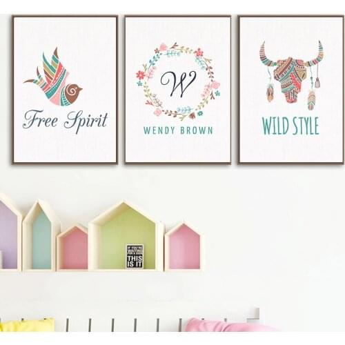 Watercolor Bird Bull Flowers Letters Canvas Painting Bedroom Decor Home Decoration Wall Art Pictures Poster and Prints Mural