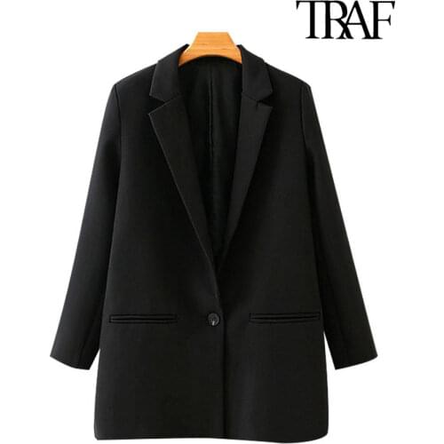 TRAF Women Fashion Office Wear Single Button Blazers Coat Vintage Long Sleeve Pockets Female Outerwear Chic Tops