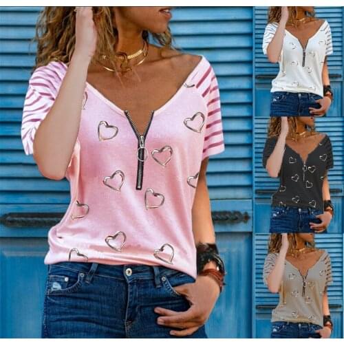 Heart-Shaped Print Zipper V-Neck Casual Loose Short Sleeve T Shirt Plus Size Women 2021 Summer Large Sizes S-3XL Tops Female Tee