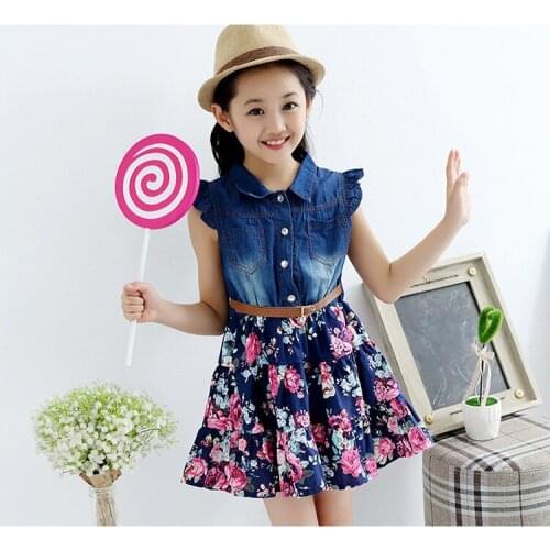 Girls Denim Floral Dress Summer Party Dress with Belt Children Flying Short Sleeve Casual Clothing Baby Girl Kids Fashion Outfit