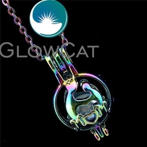 GLOWCAT R-C561 Rainbow Color Mom Kids Love Beads Cage Pendant Perfume Diffuser Aromatherapy Pearl Cage Locket Necklace