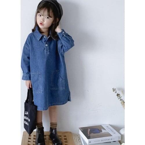 2021 Fashion Girls Denim Dress Baby Cotton Clothes Girls Long-sleeve Pocket Dress Kids Shirt Style Loose Turndown Collar Frocks