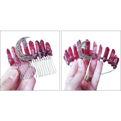 Quartz Crystal Headband Hair Comb Natural Raw Stone Headwear Crescent Decoration Boho-style Stone Tiara Crown for Party