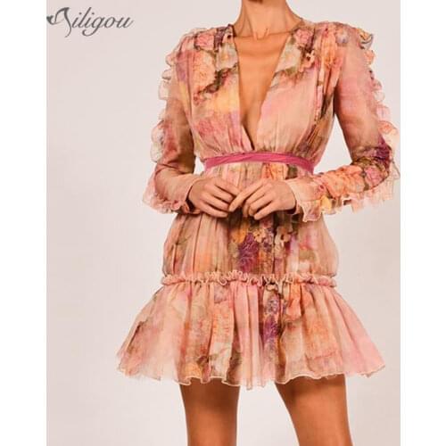 Ailigou 2021 Summer New Womens Party Tight Dress Sexy V-neck Printed Flower Long Sleeve Dress Ruffle Dress Mini Club Dress