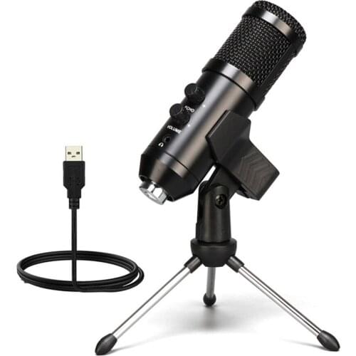 USB Plug and Play Microphone,Amicable Portable Audio Condenser Recording Desk Mic Adjustable Gain, Headphone Jack