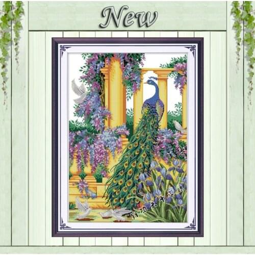 Purple flowers peacock animals painting DIY 14CT 11CT Cross Stitch Needlework Kits Counted Printed on canvas DMC Embroidery Sets