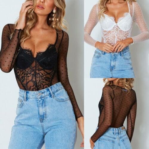 2019 Summer New Womens Long Sleeve Black Lace Perspective Jumpsuit Romper Sexy Lingerie