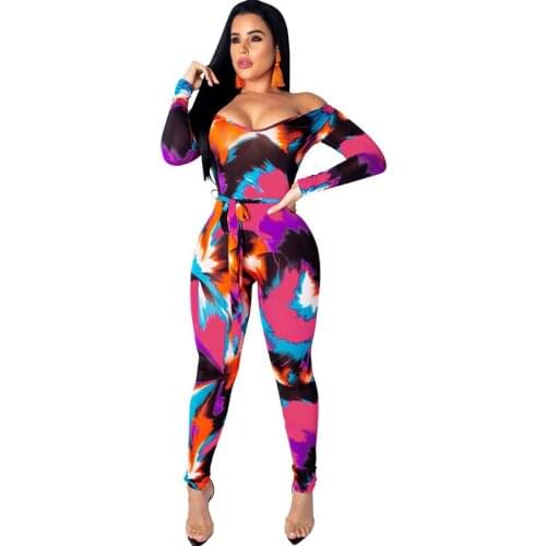 New Sexy One Piece Bodycon Jumpsuit for Women Slash Neck Off The Shoulder Print Party Catsuit Bohemia Long Sleeve Rompers Sashes