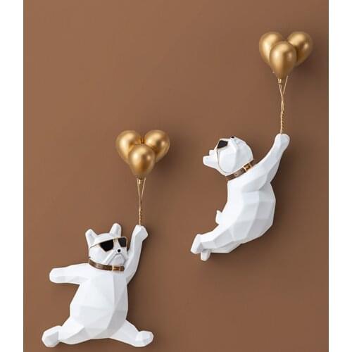 Nordic Resin Balloon Bulldog Sculpture Pendant Living Room Bedroom Wall Hanging Animal Statue Crafts Home Decoration Accessories