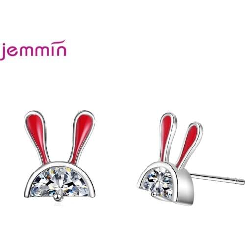 New Cute Red Rabbit Ear AAA Zircon Stud Earrings Fashion Animal Jewelry 925 Silver Earring Women Girls Birthday Party Gift