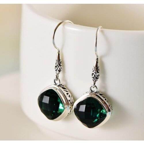 MeibaPJ Real S925 Sterling Silver Retro Palace Wind Carved Square Green Agate Cut Silver Wrapped Earrings Exquisite Gift Jewelry