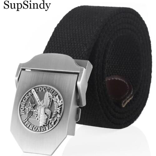 SupSindy Men Canvas Belts 3D Russian Tank Troops Luxury Metal Buckle Jeans Waistband CCCP Army Military Tactical belt male strap