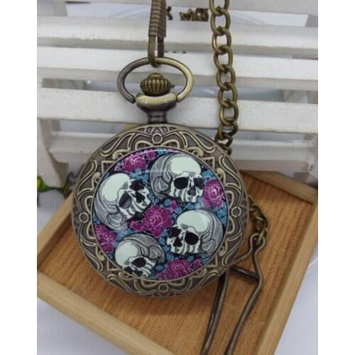 Vintage bronze Double suicide rose skull pocket watch necklace Halloween gifts 10picec /lot wholesale
