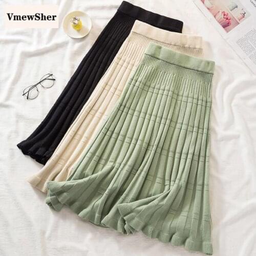 VmewSher New Autumn Winter Women Skirt Warm Ruffles Knitted High Waist Slim Casual Skirts Elegant Pleated Ribbed Mid-Long Skirt