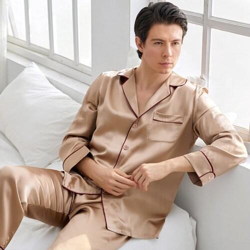 High-Grade 100% Mulberry Silk Men Pajamas Sets For All Season Long-Sleeved 100% Natural Silk Pijama Masculino Pyjama Suit