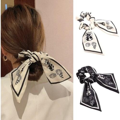 Womens Elastic Hair Band Printed Ribbon Hair Ties Bows Headdress Hairbands Korean Simple Hair Accessories Ponytail Hairband