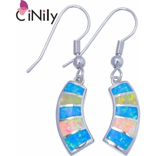 CiNily Created Blue Pink Yellow Fire Opal Silver Plated Wholesale Fashion Jewelry for Women Dangle Earrings 1 1/2" OH4468