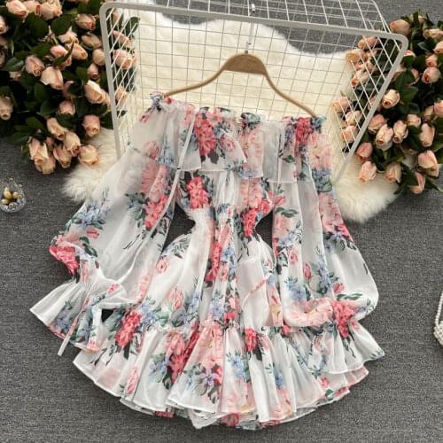 Menahem Sexy Off Shoulder Spaghetti Strap Women Playsuit Summer Lantern Sleeve Flower Print Chiffon Beach Short Jumpsuit Romper