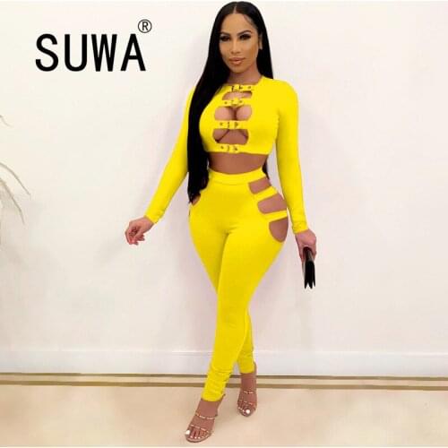 Fall 2021 Tracksuit Women 2 Piece Hollow Crop Top +Pants Sportswear Womens Sports Suit Sweatshirt Set Female Winter Clothes