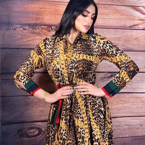 Long Sleeve Leopard Print Kaftan Muslim Dress Abaya Dubai Caftan Marocain Vestido Longo African Dresses For Women Djellaba Femme