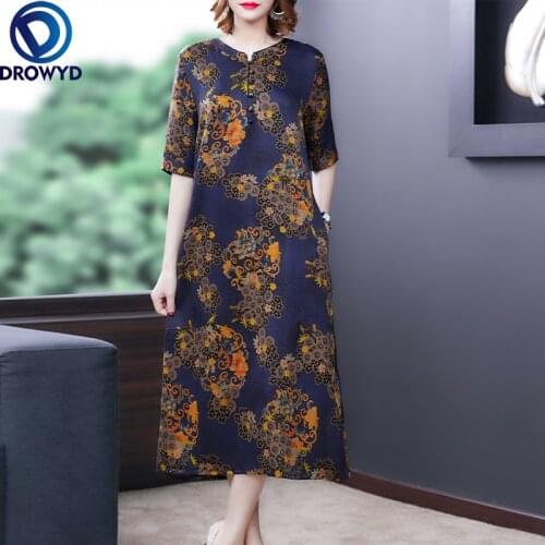 Women v-neck print maxi Dress Summer 2021 New Office Lady Half Sleeve Silk Loose O-Neck Straight Pearl Dress Traf Robe Vestidos