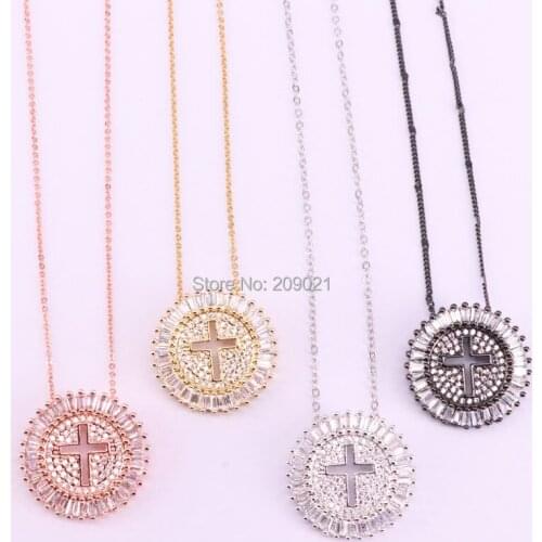 6Pcs Fashion Jewelry Round Shaped Micro Pave Crystal Cz Cross Pendant Necklace Women and Men Jewelry