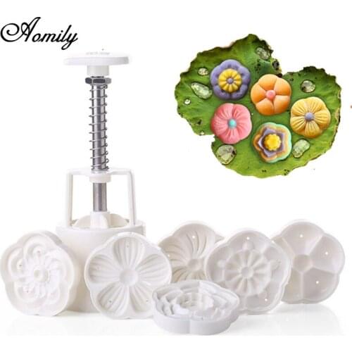 Aomily 6 Stamps Flower Moon Cake Mold Chinese Mid Autumn Festival Mould Set Hand Press Plunger DIY Baking Decorating Tools Gift