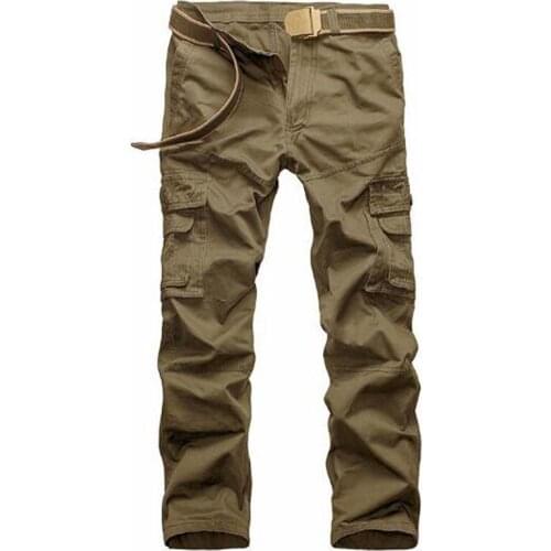Men Fashion Outdoor Casual Solid Color Work Cargo Pants Pure Cotton Loose Multi-pocket Wear-resistant Tactical Straight Trousers