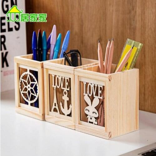 Wooden Desk Organizer Pen Holder Creative Office Accessories Cartoon Pencil Stand Fashion Stationery Storage Box