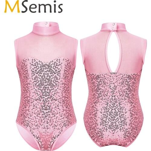 Kids Girl Ballet Leotard Sparkly Sequins Sleeveless Mock Neck Tulle Splice Keyhole Back Ballet Dance Gymnastics Leotard Jumpsuit