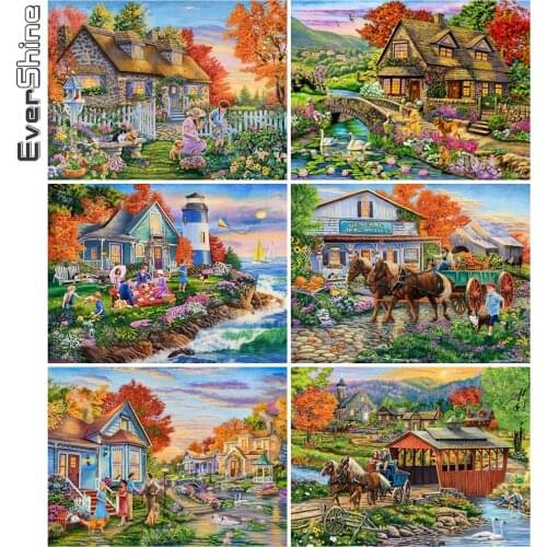 Evershine 5D DIY Diamond Painting House Full Square Round Diamond Embroidery Spring Scenery Cross Stitch Mosaic Art Home Decor