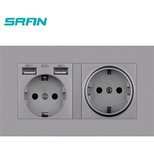 SRAN EU 2gang power socket,16A electrical plug grounded Hide LED indicator ,socket with usb, 146mm*86mm pc gray wall socket