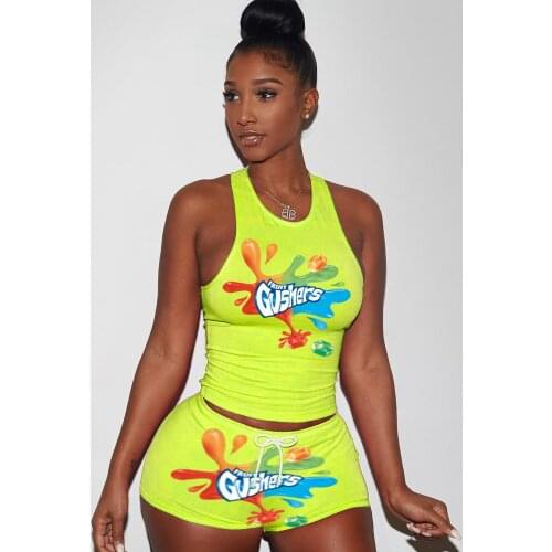 Fluorescence Letter Print Two Piece Sport Suit for Women Off Shoulder Skinny Tank Top and Biker Shorts Activewear Skinny Outfit
