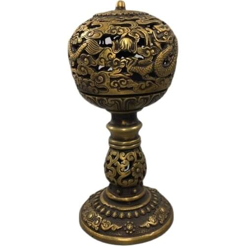 Chinese Old Copper Collection Pure Copper Two Dragon Play Beads Incense Burner