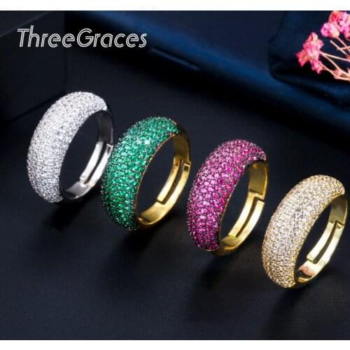 ThreeGraces Women Green CZ Stones Engagement Wedding Big Round Rings Yellow Gold Color Adjustable Ring Jewelry RG135