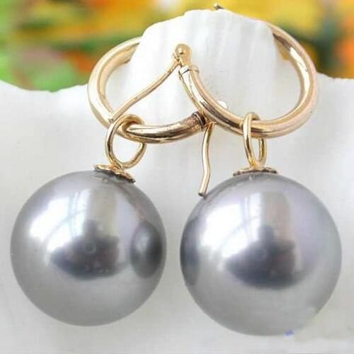 New Arrival Favorite Pearl Jewelry Huge 16mm Round Gray South Sea Shell Pearl 14k/20 Gold Dangle Earrings Charming Lady Gift