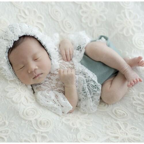 Newborn White Lace Outfit Dress Handmade baby Overall Lace Hat Photo Prop lovely Infant Cap Photography Props