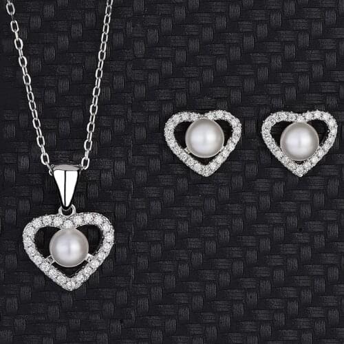 New Accessories S925 Sterling Silver Pearl Necklace Heart-Shaped Two-Piece Chain Earrings Valentines Day Gift