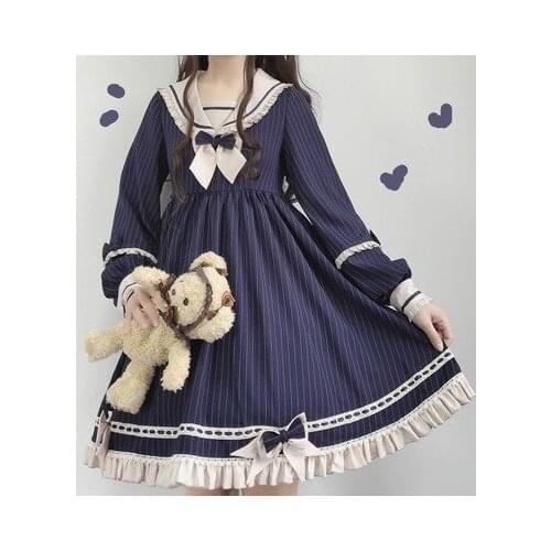 Dress Women Long Sleeve Fall Winter Kawaii Lolita Dress Vintage Sweet Bow Palace Women Dress Sailor Collar Ruffle Ladies Dresses
