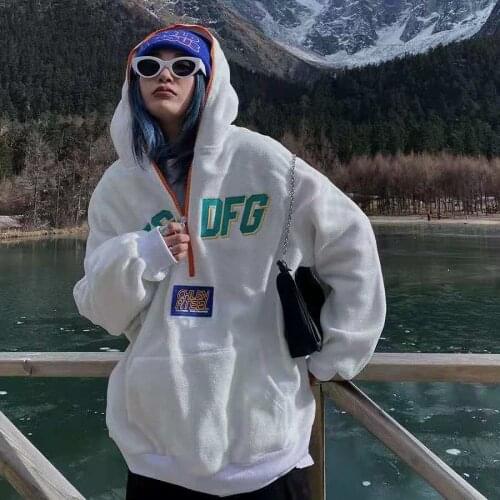 Zipper Pullovers Embroidery Pocket Oversized Hoodies Women Winter Fleece Long Sleeve White Fashion Sweatshirt Men Zip Up Hoodie