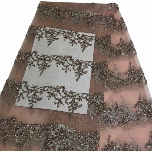 Rose Gold French African Mesh Tulle Net Stone Lace Sequin Fabrics with Sequence Leaves for Wedding Party Dress Trimmings Sewing
