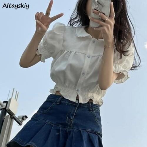 Shirts Women Summer French Style Sweet Fashion Puff Sleeve Pure Vintage All-match Casual Elegant Female Tops Streetwear Holiday